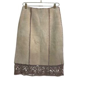 IDI Vintage Leather Suede Skirt‎ Women's M Tan Crochet Retro 70s 80s Hippie Boho